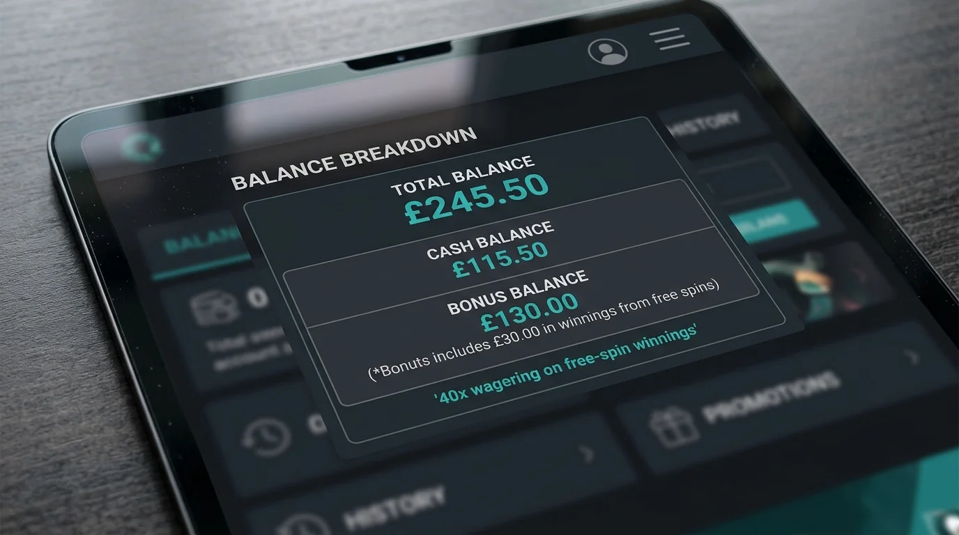 Casino account screen showing bonus balance from free-spin winnings with playthrough multiplier of 40 times displayed