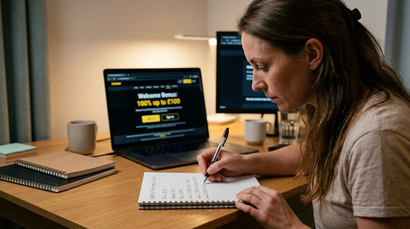 Adult player working through wagering maths on a printed notebook page beside a laptop showing bonus terms
