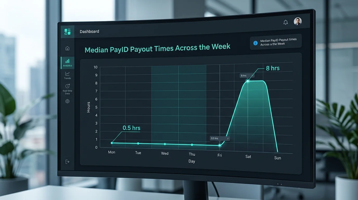 Weekday versus weekend PayID payout median timing comparison on a dark editorial dashboard line chart