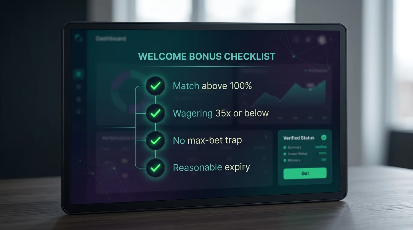 Bonus evaluation checklist with green ticks beside wagering, contribution and cap criteria on a dark dashboard