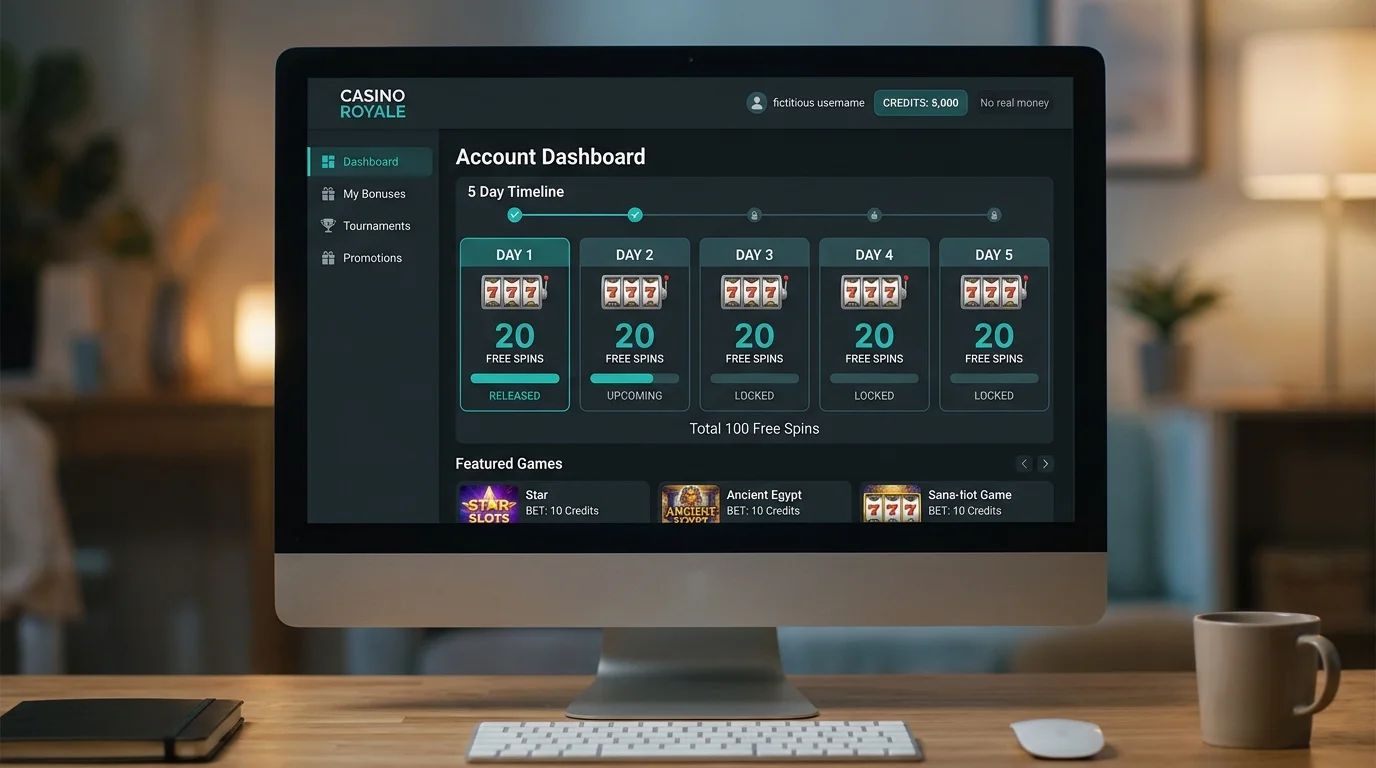 Daily free-spin drip schedule shown as a five-day timeline on a casino account page