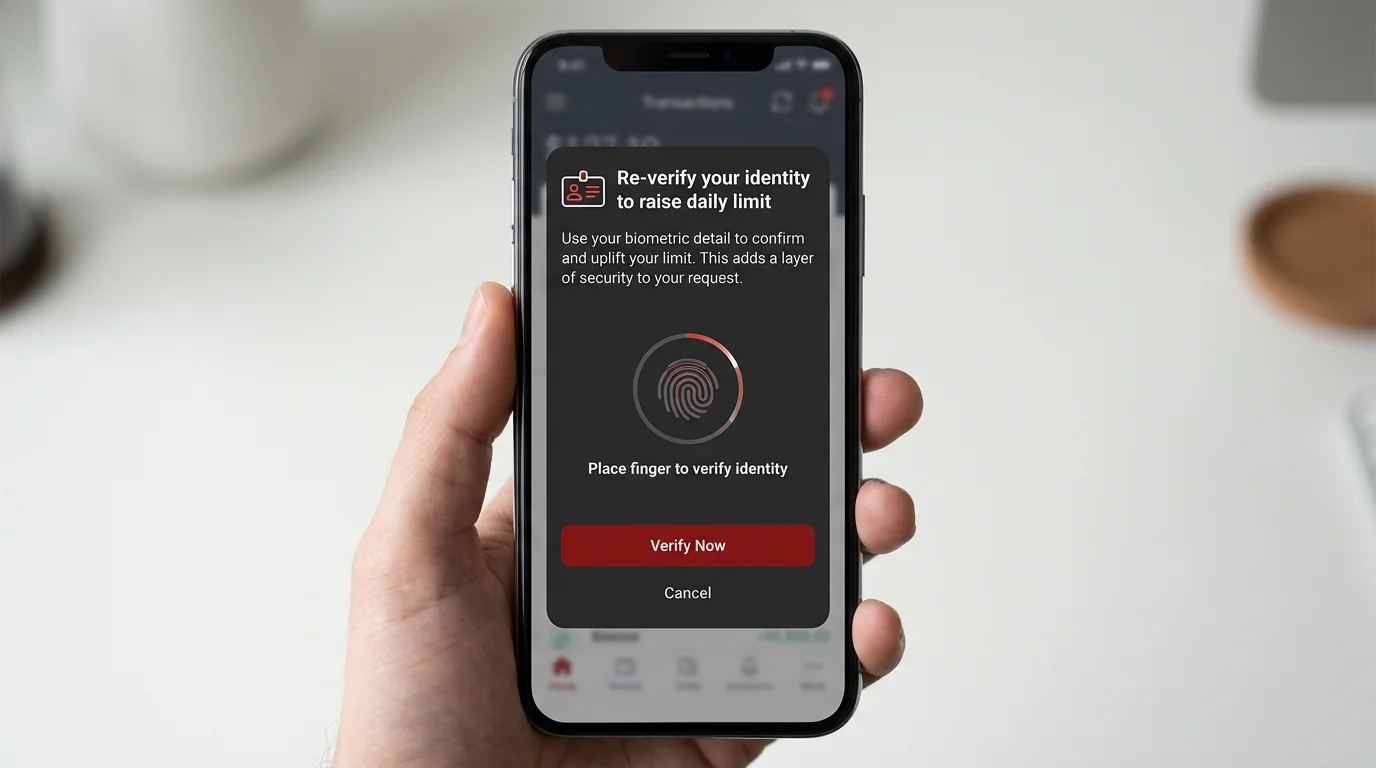 Banking app limit uplift process showing identity re-verification before raising a daily PayID cap to maximum