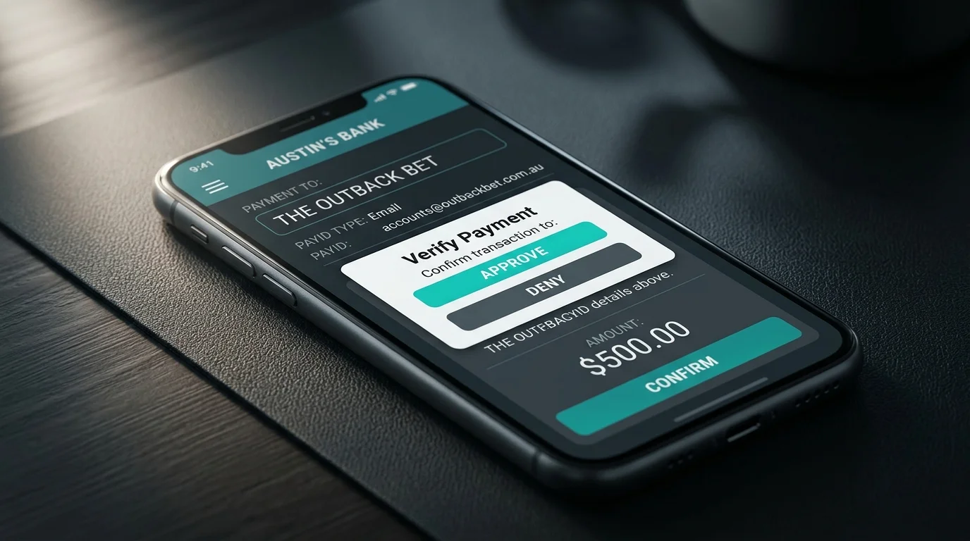 Generic Australian banking app PayID transfer screen with a Verify second-factor prompt over a casino merchant payee