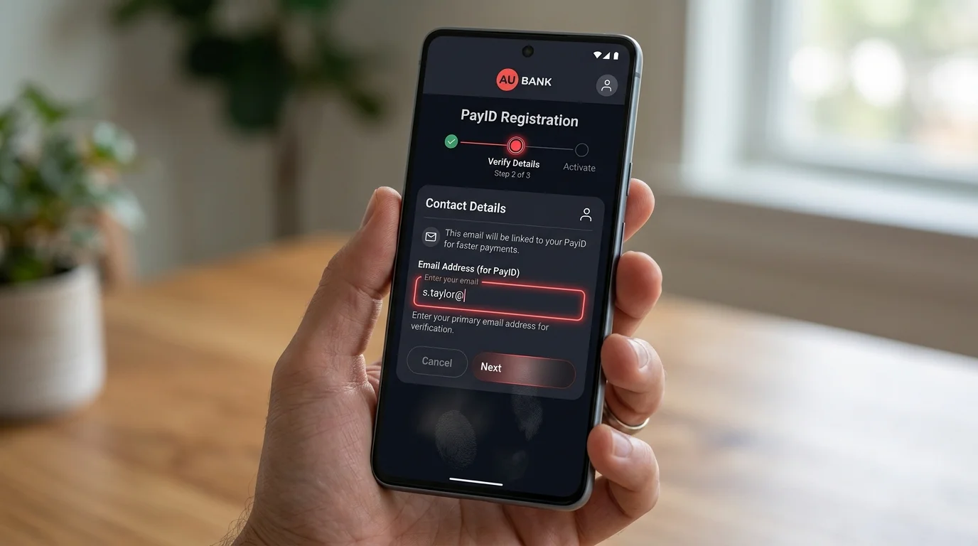 Banking app PayID registration walkthrough showing email alias selection and verification on a smartphone screen