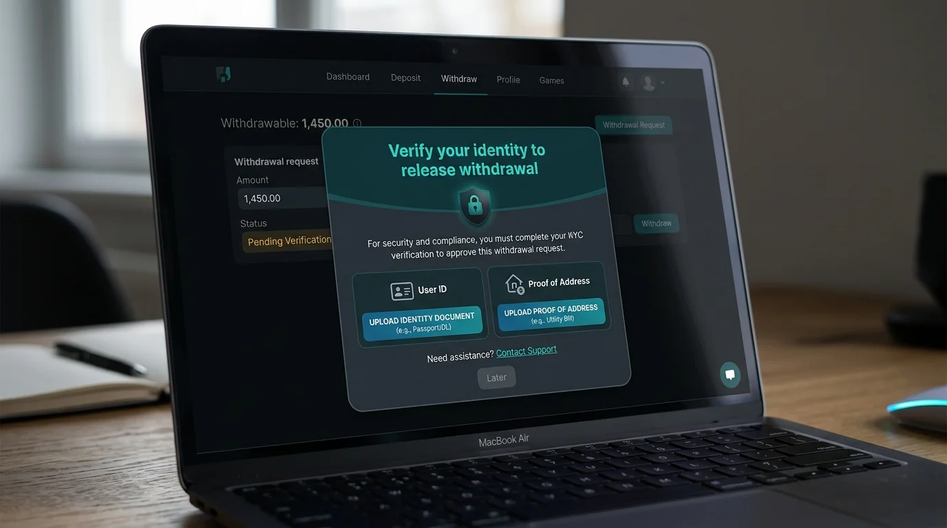 Online casino withdrawal screen blocked by a KYC verification prompt before payout can be processed