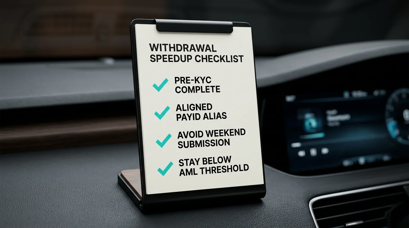 Checklist of actions that speed up PayID withdrawal cycles such as pre-KYC and aligned alias on a dark dashboard